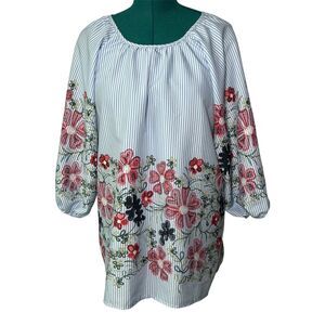 Blue and White Striped Floral Blouse XL Boho Flowy